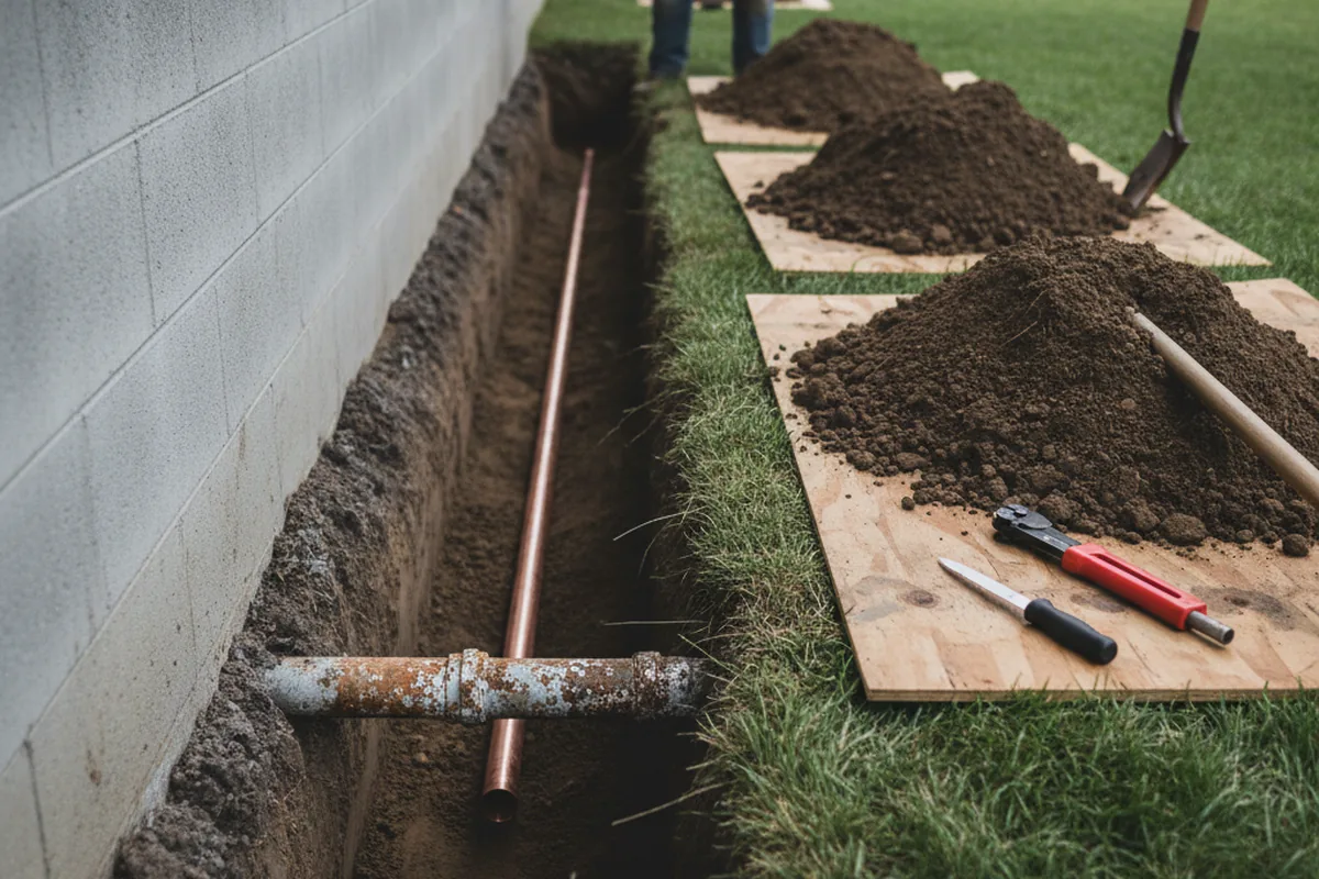 Excavated water line trench during Sewer Line Repair in Agra